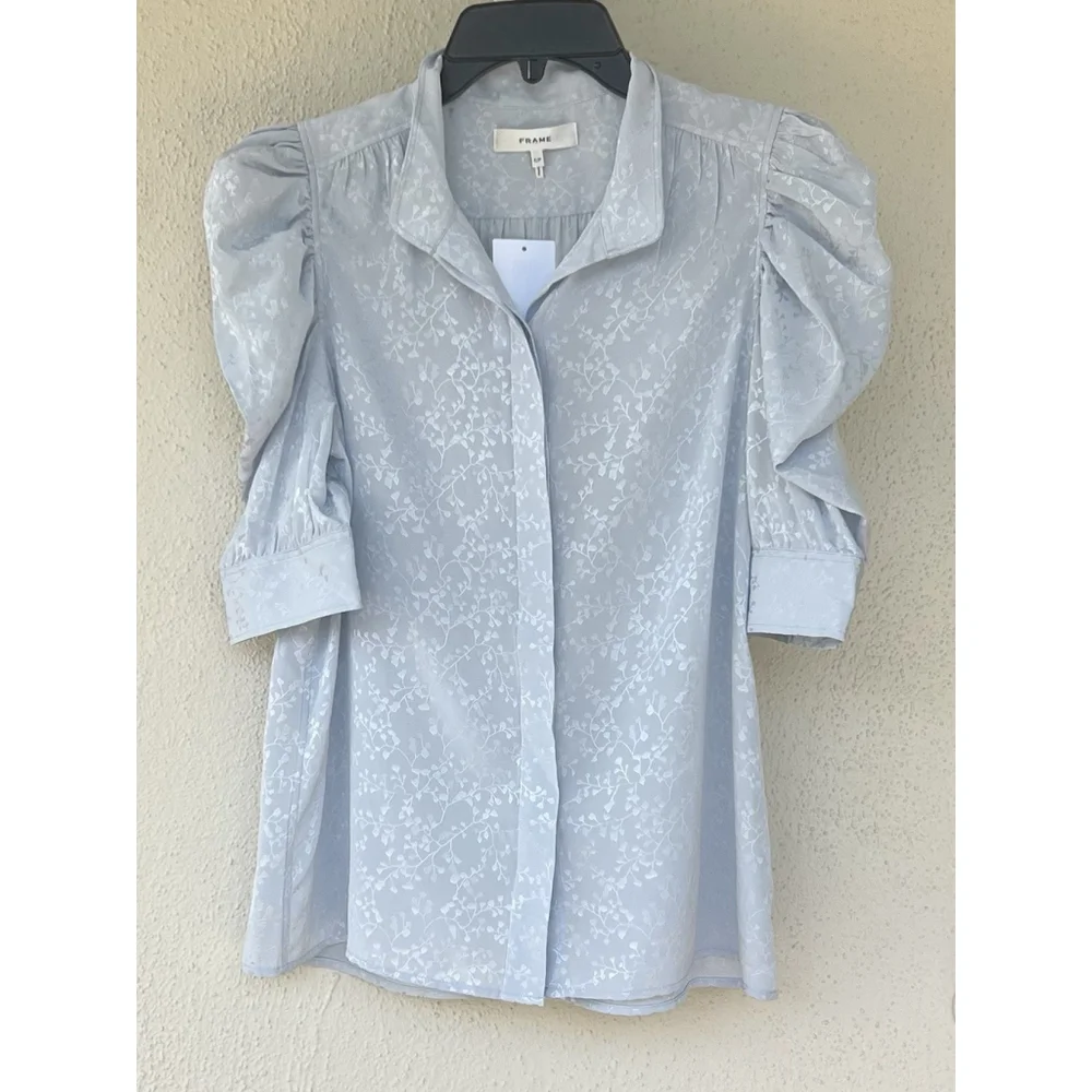 NWT Frame Gillian Denim Blue Silk Puff Sleeve Blouse Size Small Petite Pastel - Picture 2 of 7